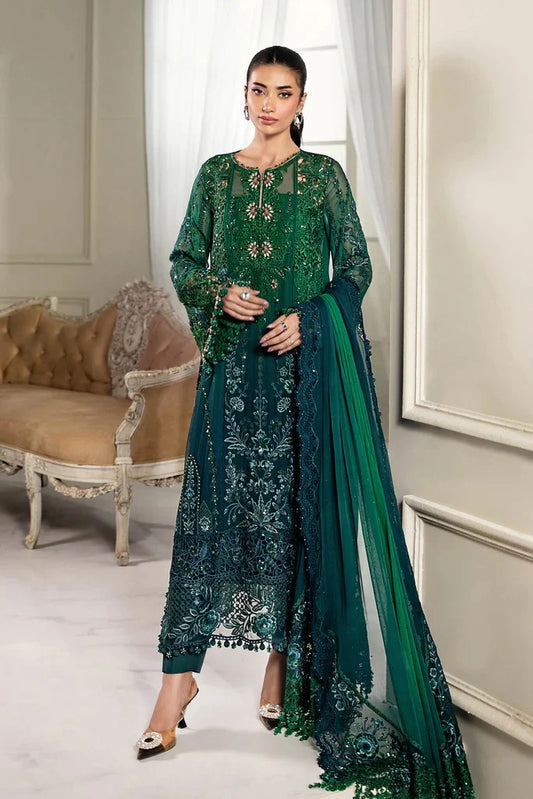 Emerald Bloom – Hand-Embellished Chiffon 3-Piece