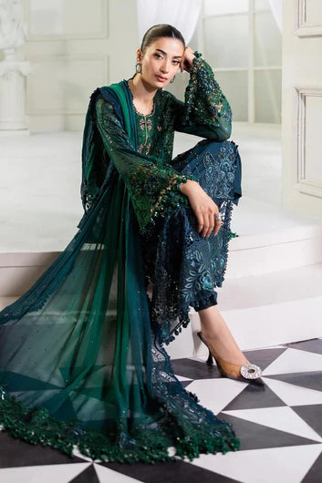 Emerald Bloom – Hand-Embellished Chiffon 3-Piece